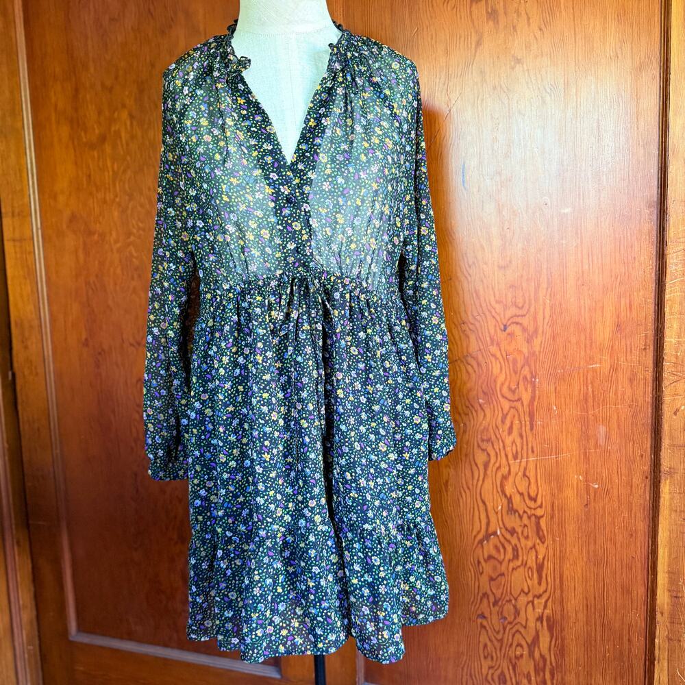 ZARA Floral Print Sheer Mini Dress Long Sleeve Ruffle Lined Size M Boho